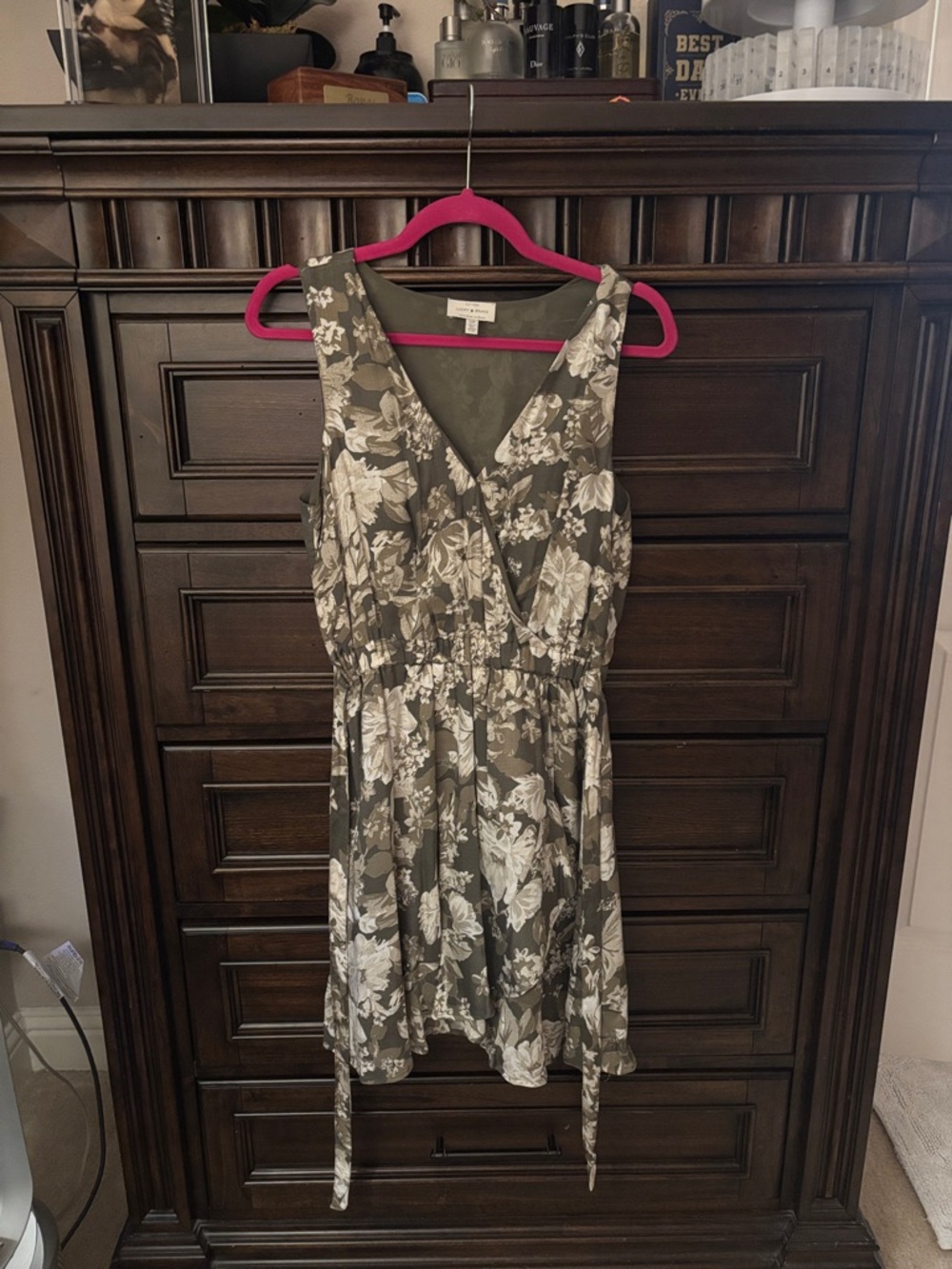 Lucky Brand Olive and White Floral Wrap Mini Dress